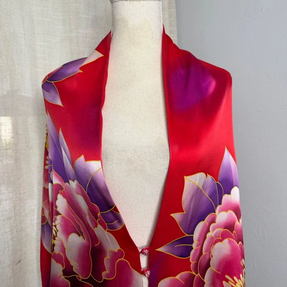 100% Silk Peony Wrap Shawl Floral Frog Knot Red Pink Purple Asian Art Drape